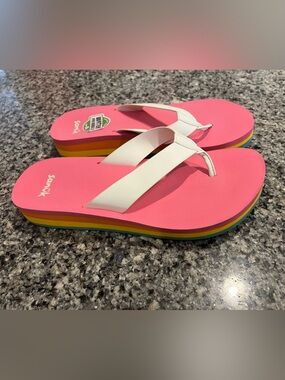 Sanuk Pink Platform Flip-Flops with White Straps and Rainbow Layered Sole